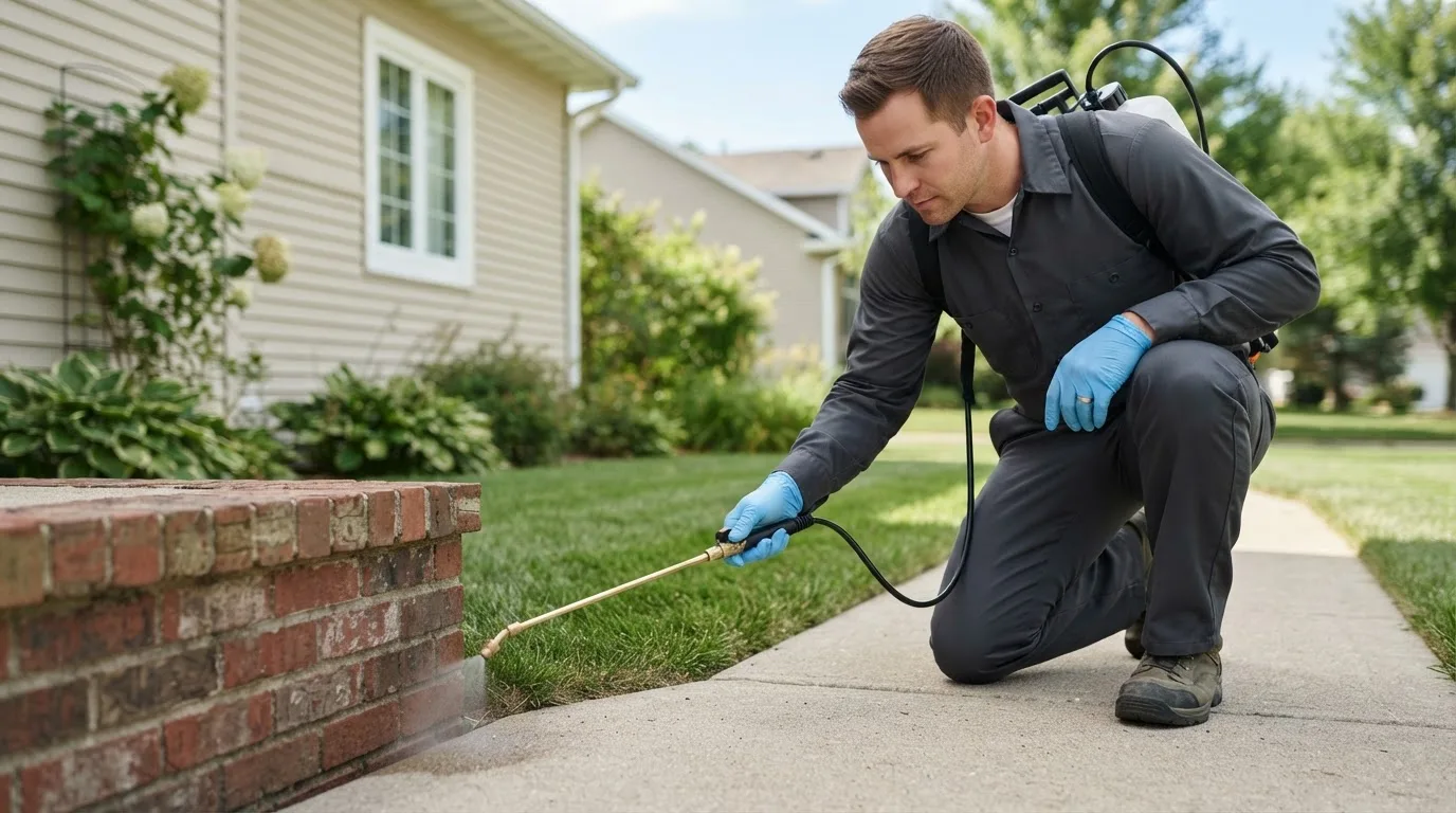 Pest control technician treating a home near Chisago City, MN